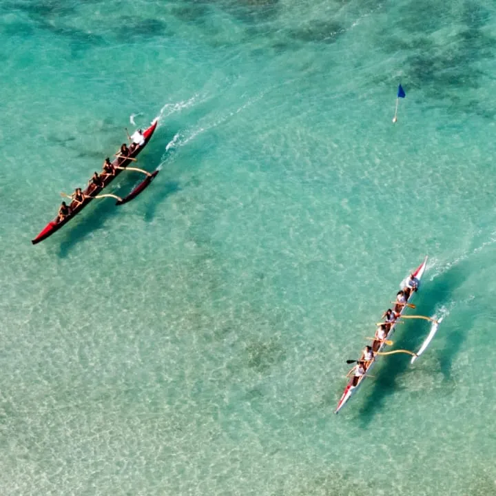 Overhead photo of outrigger canoes